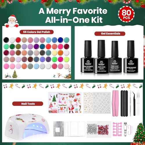 Beetles 82 Pcs Gel Nail Polish Kit with U V Ligh - 55 Color Gel Nail Kit Christmas Gifts for Teens Women Girls Soak Off Color Enchantment Winter Red Nails Art Home Salon Beginner DIY Manicure Set