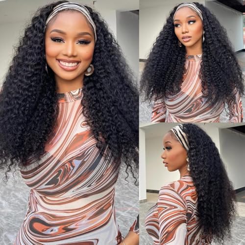 Headband Wig Human Hair Deep Wave 22 Inch Curly Headband Wigs for Black Women Glueless No Lace Half Wig Brazilian Virgin Hair Deep Curly Natural color