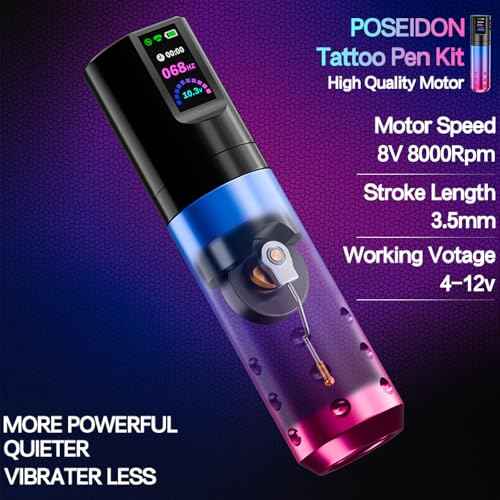Tattoo kit POSEIDON, Tattoo Pen Kit with 20 PCS Tattoo Cartridge Machine, Tattoo Pen with 1800mAh Capacity Wireless Power, Tattoo Gun kit with Japan Coreless Motor Digital Display for Tattoo Equipment