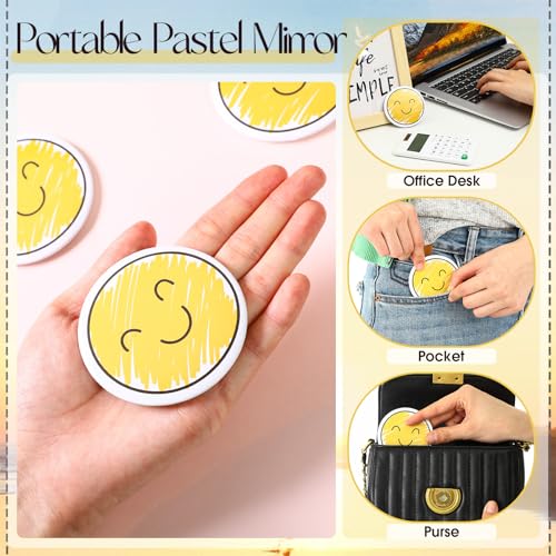 Geetery 30 Pcs Inspirational Smile Face Compact Mirrors Bulk Mini Pocket Mirrors Emoticon Gifts for Students Party Favors Yellow Portable Birthday Wedding Shower Party Supplies