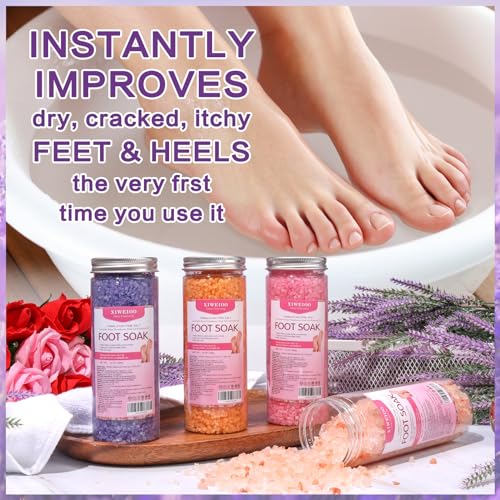 Foot Soak Salts 4 Pack Kit 56 OZ Himalayan Pink Salt Lavender Orange Rose Scent Athletes Itching,Tea Tree Oil Foot Care Pedicure for Women Dead Sea Salt Moisturizing Skin Softens Calluses