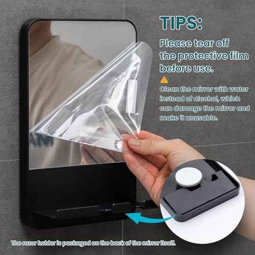 TAILI Shower Mirror Fogless Suction, Shaving Mirror with Razor Holder, Fog Free with Storage Tray, Rust-Proof, Shatterproof, Removable, Bathroom & Shower Accessories, Black