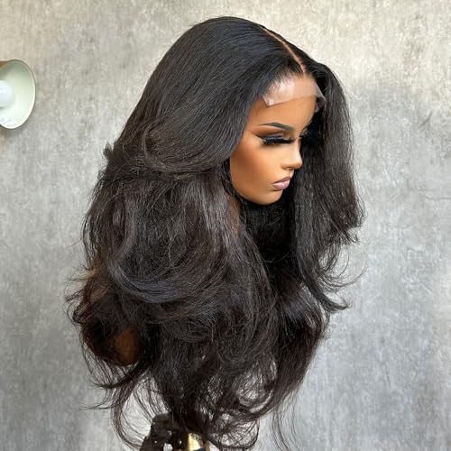 Kinky Straight and Body Wave Wig Glueless Pre Plucked Bleached Knots Lace Front Wig Melted Hairline Ready to Wear 5x5 HD Lace Closure Wigs Human Hair for Women 180% Density (14inches)