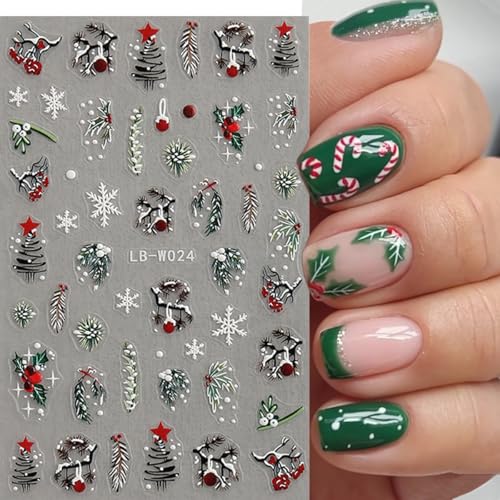 4 Sheets Christmas Nail Art Stickers 5D Embossed Holly Leaf Nail Decals Winter Christmas Tree Elk Snowflake Design Self Adhesive Nail Art Supplies for Women Acrylic DIY Holiday Manicure Decoration