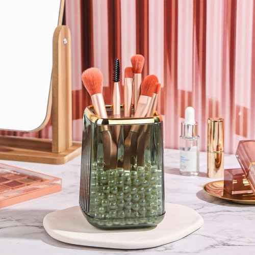 Gold Clear Makeup Brush Holder, Vintage Cosmetic Beauty Organizers Cup for Vanity, Lip Pencil Holder Vintage Lipstick Holder - Green