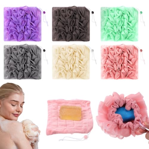 6 Pack Soap Bar Loofah, 2 in 1 Loofah Washcloth Combo, Bath Sponge with Drawstring, That Holds Bar Soap for Cleansing and Smooth Skin (6 Colors, 6.7 x 6.7 Inch)