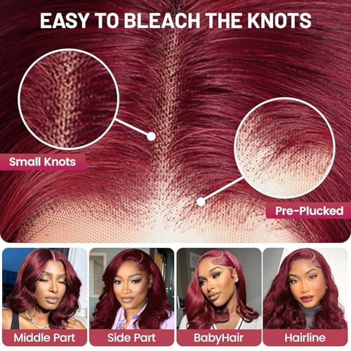 Reddish Brown Bob Wig Human Hair Body Wave 13x4 HD Lace Front Wigs Human Hair 16Inch 33# Body Wave Lace Frontal Wig Pre Plucked 180% Density Wine Red Bob Wigs for Women