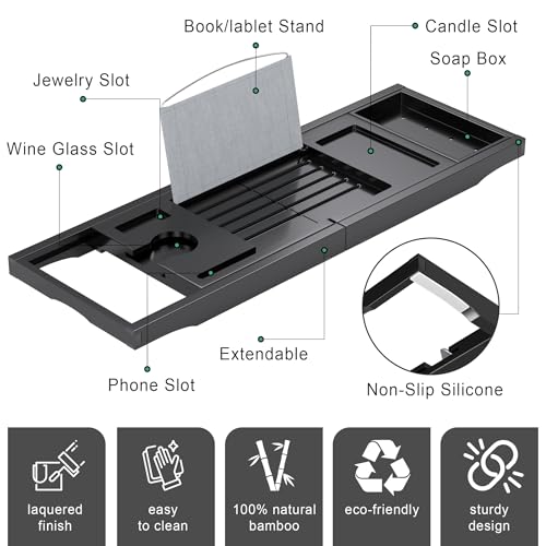 Foldable Bathtub Caddy Tray for Tub,Bamboo Expandable Bath Table Trays,Premium Bathroom Accessories for New Home & Mothers Day & Birthday Gifts for Couples,Black