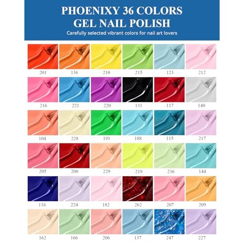 phoenixy Gel Nail Polish, 40 PCS Nail Polish Set 36 Colors UV Gel Nail Polish Set Red Green Glitter with 4 Pcs Base Matte Glossy Top Coat Nail Kit Gift for Women (PCE9007)