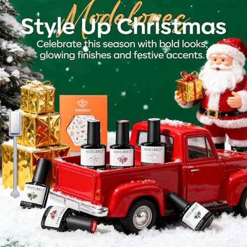 Modelones Christmas Gel Nail Polish Set, 6 Colors 2025 Winter White Red Dark Green 9D Cat Eye Gel Polish Gold Stars Ornament Glitter Nail Polish with Stickers & Magnet & Wooden Stick LED Mani DIY Gift