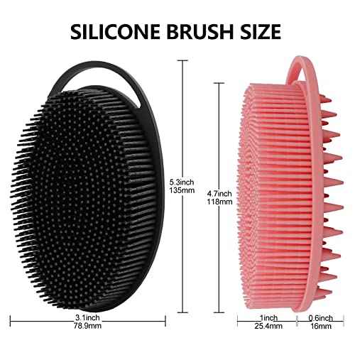 2 Pack Silicone Body Scrubber, Loofah Double-Sided Body Brush,Shower Scrubber and Scalp Massager Shampoo Brush for Sensitive Kids Women Men All Kinds of Skin (Black & Pink)