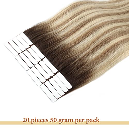 Lovrio Tape in Hair Extensions Human Hair Color Walnut Brown Roots to Light Chestnut Brown with Bleach Blonde 22 Inch 50g Real Hair Extensions Tape in Extensions 20pcs