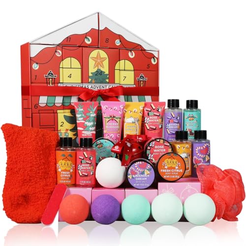 2025 Beauty Advent Calendar for Women, Christmas Countdown Gifts with Bath Bomb Bubble Bath Hand Cream Santa Sock, 24 Day Red Advent Calendar,Spa Christmas Gifts for Daughter Girls