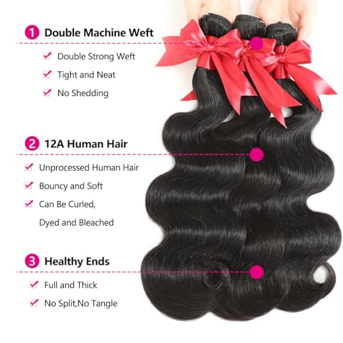 12A Human Hair Bundles with 2x6 Closure 16 18 20 with 14 Inch Brazilian Body Wave 3 Bundles Human Hair with 2x6 HD Lace Closure 100% Unprocessed Virgin Human Hair Weave