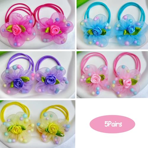 10pcs Upscale Hair Ties with Colored Pretty Flowers Beads Elastic Gauze Hair Bands Hair Accessories for Little Girls Kids Toddlers (5 Pairs)