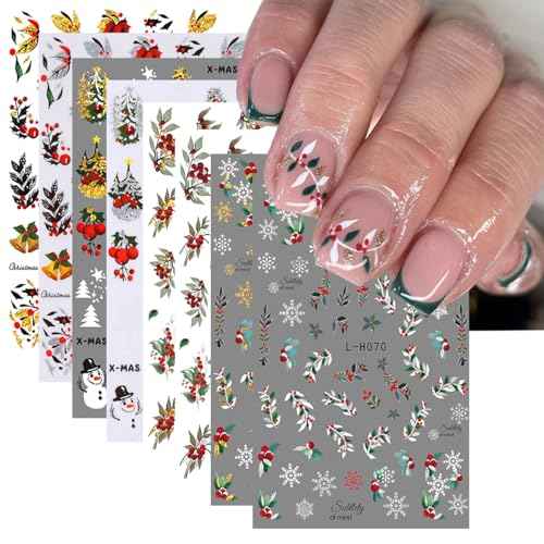 8Pcs Christmas Nail Sticker 3D Xmas Green Leaf Flower Adhesive Decal Supplies Glitter Gold Silver Snow Leaves Design for Women Winter Holiday Manicure Decoration Accessories