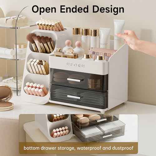 Makeup Organizer for Vanity with Brush Holder, Countertop Organizer with 2 Drawers, Spacious Cosmetic Display Case for Beauty Essential, Skincare, Lipstick