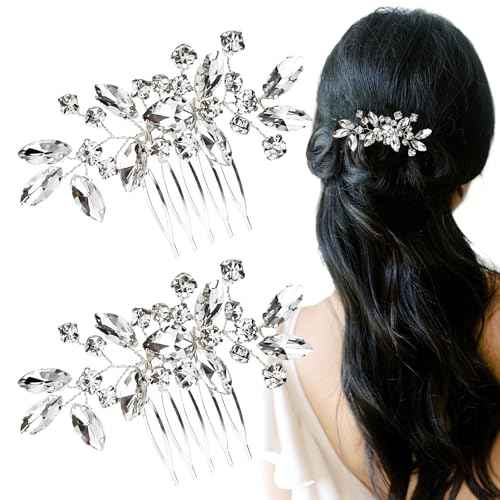 2PCS Silver Rhinestone Hair Combs, Clear Crystals Wedding Metal Hair Combs, Sparkly Crystal Bridal Hair Accessories for Bridesmaids Women Girls (3.31x1.97inch)