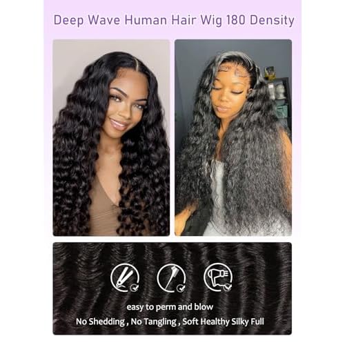 Deep Wave Lace Front Wigs Human Hair 13x6, Real Remy Virgin Human Hair Wig for Black Women, 180 Density, Daily Wear Suitable Pre Plucked with Baby Hair, Natural Color, 20 Inch