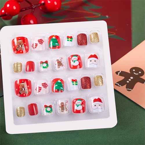 Kids Press on Nails Children Fake Nails 72PCS Artificial Nail Tips Adhesive Full Cover Short False Fingernails for Girls Kids Nail Decoration (Golden Christmas Snow)