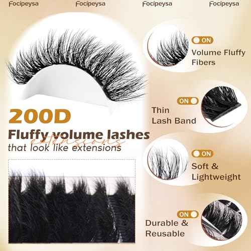 Focipeysa Lash Extension Kit Thick Eyelash Extension Kit 10-18mm Fluffy Lash Clusters 200D Individual Eyelashes Kit with Lash Bond, Lash Remover, Lash Applicator, DIY Lashes Extension