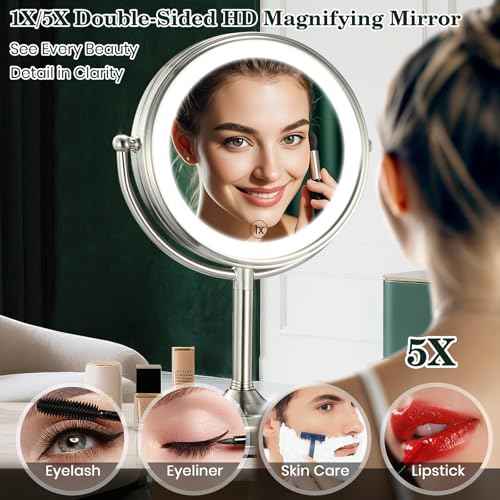 VESAUR 11.8" Extra Large 17" Tall Lighted Makeup Mirror, 1X/5X/10X 3-Sided Magnifying Mirror with 96 LEDs, 3 Color Dimmable Lights, 360¡Æ Swivel Dual Power Vanity Mirror, Nickel Finish - Great Gift