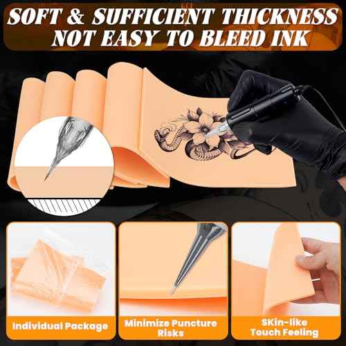 125Pcs 3MM Tattoo Skin Practice Kit, Includes 5Pcs 6"x8" Blank Practice Tattoo Skin, 10Pcs Tattoo Stencil Paper, 100Pcs Ink Cups, 5Pcs Tattoo Bib Sheet and 5 Pairs Gloves, Starter Tattoo Supplies Tool