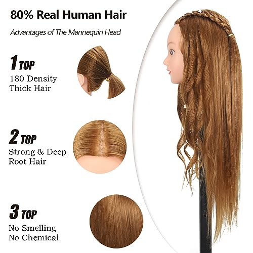 Mannequin Head with 80% Real Human Hair 26''-28"Cosmetology Mannequin Doll Head to Practice Hair Styles Hairdresser Practice Braiding Head(27# Light Brown)