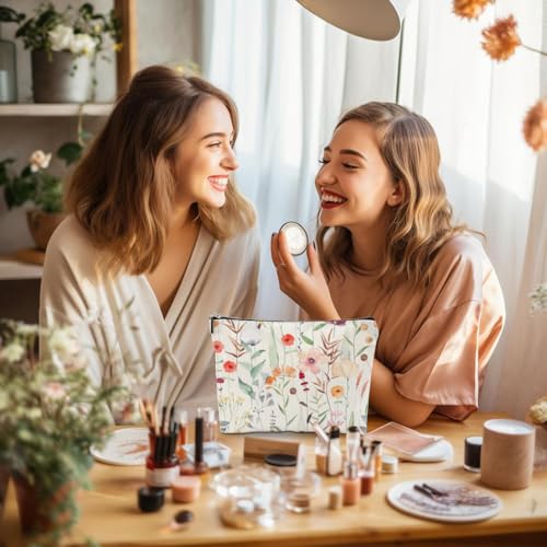4 Pcs Watercolor Wildflower Makeup Bag, Botanical Cosmetic Bag Plant Lover Friendship Gifts for Women Sister Bestie Mom Friend Thanksgiving Christmas Birthday Gifts Travel Toiletry Bag Accessories