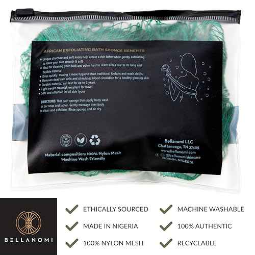 Bellanomi African Exfoliating Net Sponge, Authentic, Ethically sourced from Nigeria, 45 inches Long, Back Scrubber for Daily use (Emerald Green)