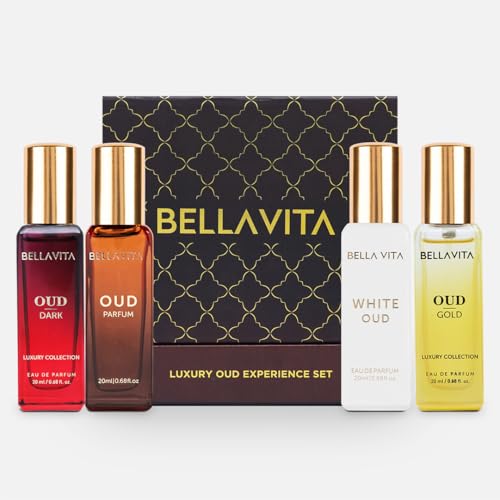 BellaVita Luxury OUD Experience Gift Set (4x20ml) ? Premium Arabic Unisex Perfumes | Includes Gold, Dark & White OUD | Notes of Caramel, Orris, Vetiver & Citrus