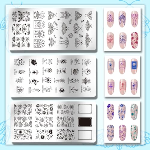 PH PandaHall 3pcs Tarot Nail Art Stamping Plate, 63 Pattern Fantasy Moth Nail Stamper Fantasy Elements Nail Stamping Plate Print Nail Stencils Stainless Steel Nail Image Plates for Nail Art Design