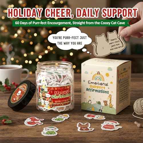 Positive Cat Christmas Jar with 60 Affirmation Cards, Cat Lover Gifts for Women Friends Sisters Teens, Ornament Decorations, Stocking Stuffers, Cat Christmas Tree Gifts, Cat Advent Calendar