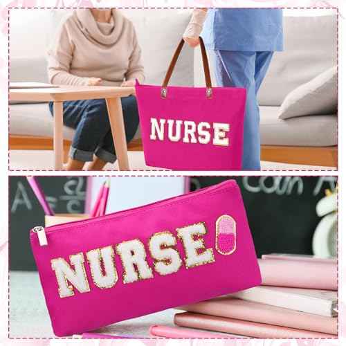 2 Pcs Tote Bag Gift for Teacher Nurse Dance Preppy Makeup Bag Cosmetic Women Chenille Letter School party