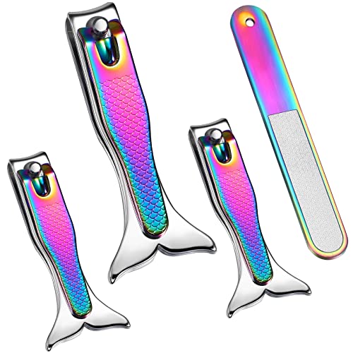 Honoson 4 Pieces Mermaid Nail Clipper Set Stainless Steel Nail Cutter Cute Mermaid Clippers Sturdy Fingernails and Toenail Cutter File Birthday Stocking Stuffers Christmas Gifts for Women