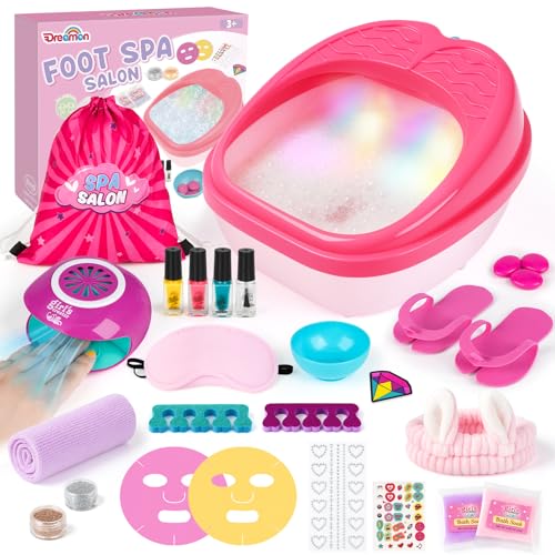 Dreamon Kids Foot Spa & Nail Kit Set - 25 Pcs Kids Spa Day Kit with Middle Size Rainbow Light Massage Foot Soak Tub - Manicure Pedicure Art Salon Girl Stuff - Christmas Birthday Gift for 3-12 Year Old