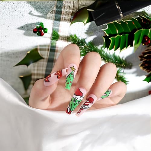 Greenwich Cute Christmas Coffin Nails Full Cover Colorful Red Hat Winter Xmas Artificial Matte Stick on Nails Design 24Pcs
