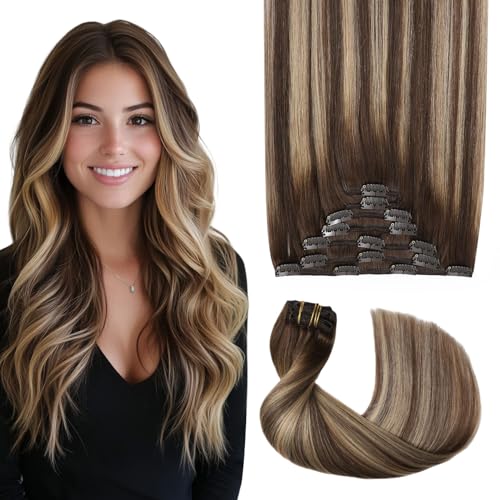 Pro2.0 Clip in Hair Extensions Real Human Hair 120g Thick 7pcs Color #4/27/4 Chocolate Brown to Caramel Blonde Remy Real Human Hair Extensions Clip ins 14inch Double Weft£¨#4/27/4-14inch£©