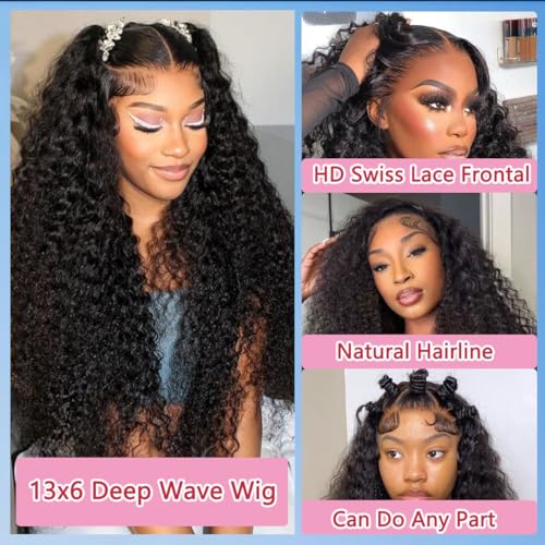 BIANFA 13x6 Natural Black Deep Wave Lace Front Wigs Human Hair 220% Density Curly HD Transparent Lace Frontal Glueless Wigs for Women 18Inch