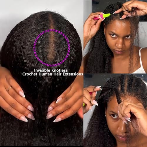 Kinky Straight Feather Crochet Human Hair Extension Yaki Wave Pre Separated Knotless Crochet Hair Micro Bundles With Loop For Reusable Boho Braids 18Inch 60g 50Strands