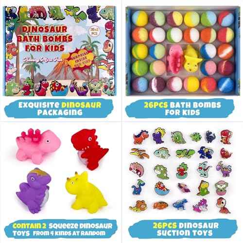 26+2 PCS Bath Bombs for Kids with 26 Dinosaur Suction Toys Inside, Organic Kids Bath Bombs Gift Sets with 2 Squeeze Dinosaur Toys for Boys & Girls on Birthday, Easter, Christmas, Lavender