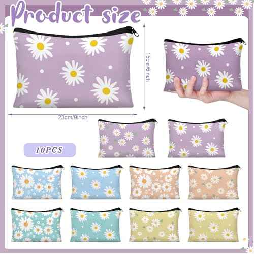 Kacctyen 10 Pcs Makeup Bags Bulk for Women Daisy Small Zipper Pouch Purse Canvas Cosmetic Bag Mini Pouch Gift for Housekeeping Week Employee Thanksgiving Christmas Teacher Mom Travel Storage Organizer