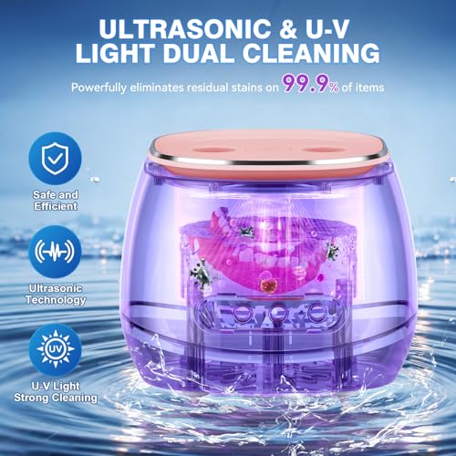 Rechargeable Ultrasonic Retainer Cleaner Machine, 45kHz Portable Dental Cleaning Pod for Dentures, Night Guards, Braces, Aligner, Toothbrush, Jewelry, 3 Cleaning Modes, 200ML Capacity, Pink