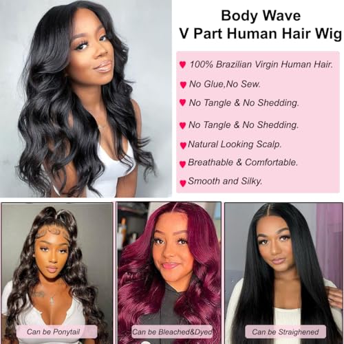 V Part Wig Human Hair 18 inch Upgrade U Part Wigs Body Wave for Black Women Beginner Friendly No Sew In and No Leave Out Glueless Brazilian Virgin Hair Wig Natural Black Color 180% Density