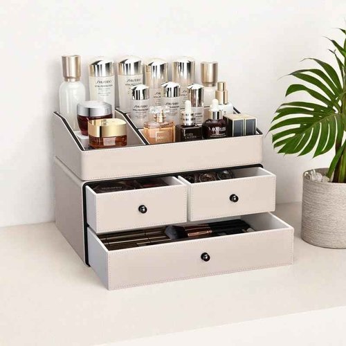 KINGFOM Leather Makeup Organizer with 3 Drawers, 2 Tier Cosmetic Storage Organizer for vanity Dresser Countertop and Bathroom Vanity, Beauty Holder for Lipstick Brush Skincare (Beige)