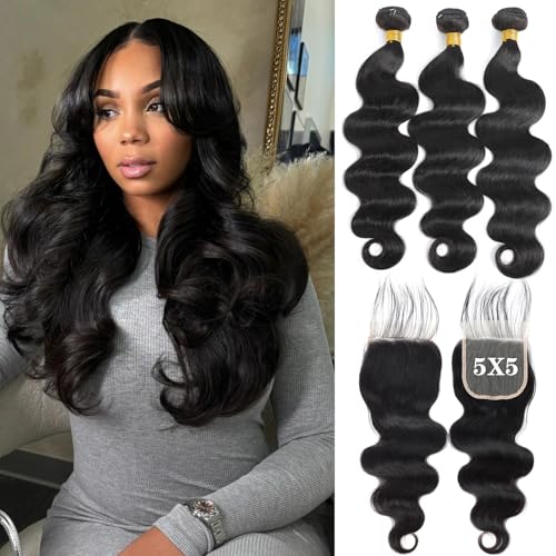 Body Wave Bundles with 5x5 Closure Human Hair (14 16 18+12) 100% Unprocessed Brazilian Virgin 10A Body Wave Human Hair Weave Bundles with 5x5 Closure Natural Color