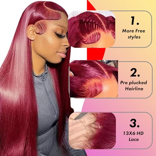 99j Burgundy 26 Inch Straight Wig Human Hair 13x6 Hd Lace Front Human Hair Wigs For Black Women Glueless Lace Front Wigs Pre Plucked 180% Density Red Wig