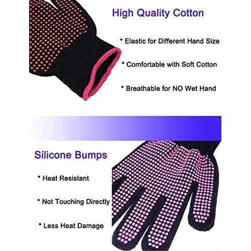 2 Pcs Professional Heat Resistant Glove for Hair Styling Heat Blocking Gloves for Curling, Flat Iron and Hair Styling Tools, Silicone Bump, Pink Edge