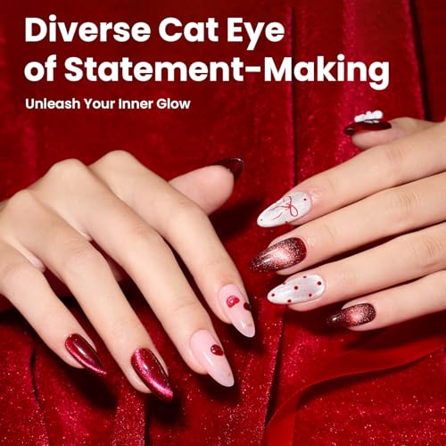 Beetles Red Cat Eye Gel Nail Polish Set - Sultry Burgundy Cat Eye Gel Polish, 6 Colors Burgundy Dark Red Glitter Red Magnetic Fall Gel Polish Kit Soak Off UV Nail Art Salon DIY Manicure Gift for Women