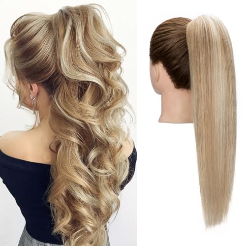 Ponytail Extension, 16 Inch Claw Clip Ponytail Extension Human Hair Long Straight Jaw Clip in Real Hair Pony Tails Hairpieces for Women Golden Brown & Bleach Blonde